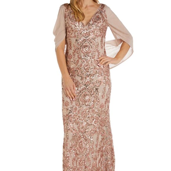 R&M Richards NWT Sequin Gown with Chiffon Wrap Around Cape Rose Gold Size 18 - Picture 1 of 3